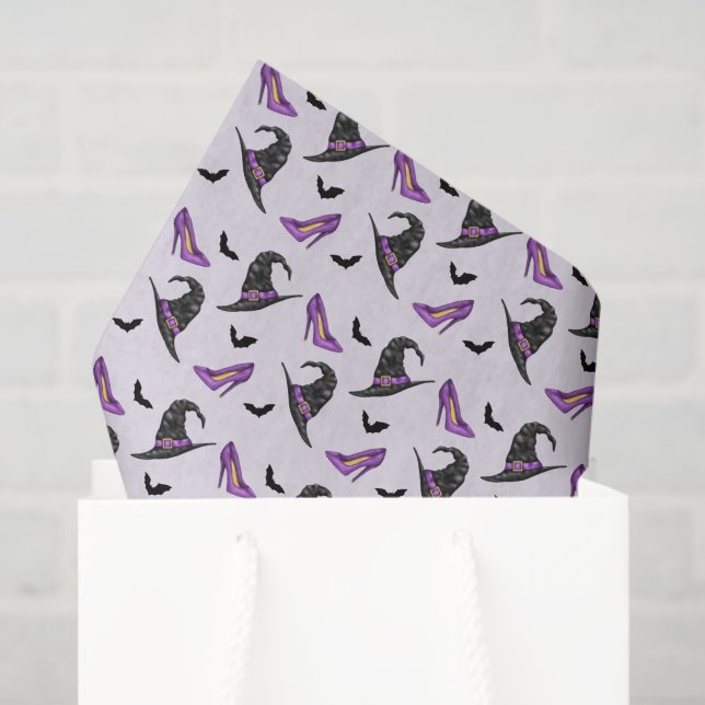 Witch Hat Purple Shoes And Bats Halloween Pattern Tissue Paper (Gift Bag)