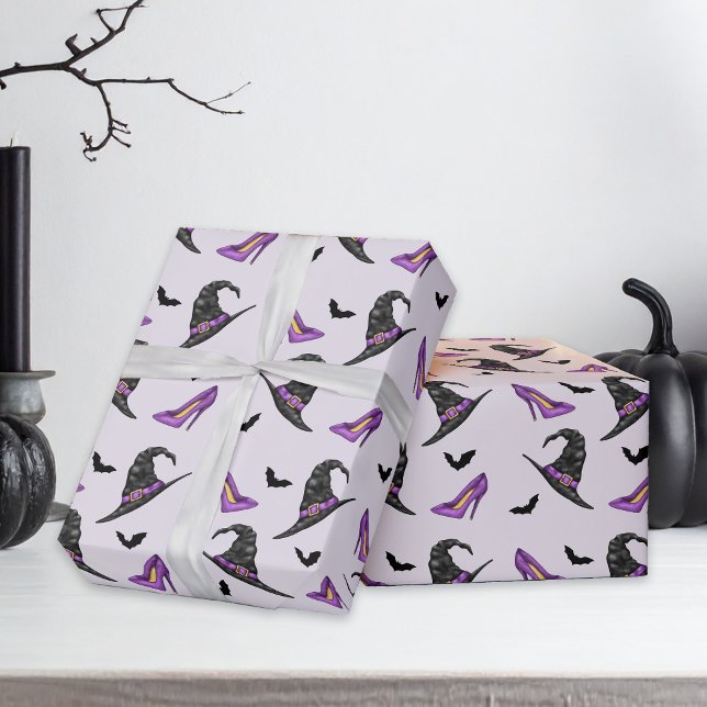 Witch Hat Shoes And Bats Lilac Halloween Pattern Wrapping Paper (Creator Uploaded)
