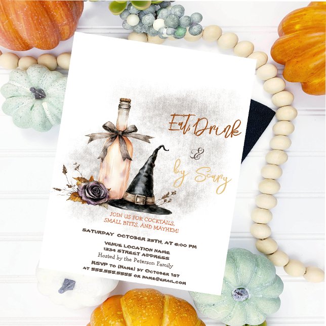 Witch Hat Wine Roses Costumes & Cocktail Halloween Invitation (Creator Uploaded)