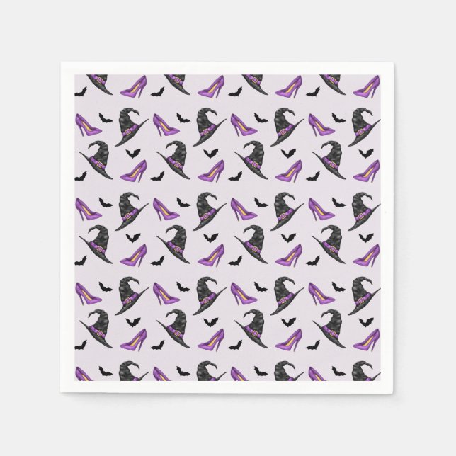 Witch Hat With Shoes Purple Halloween Pattern Napkin (Front)