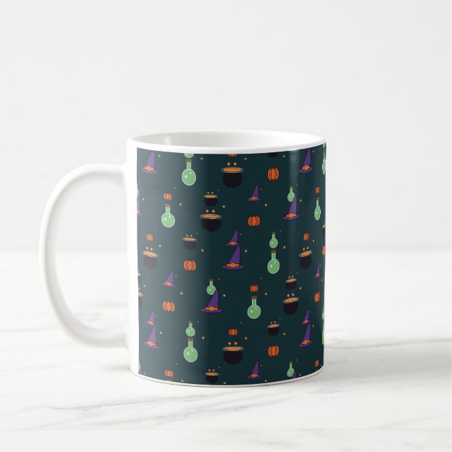 Witch Hats Potions and Caldrons Pattern Coffee Mug (Left)