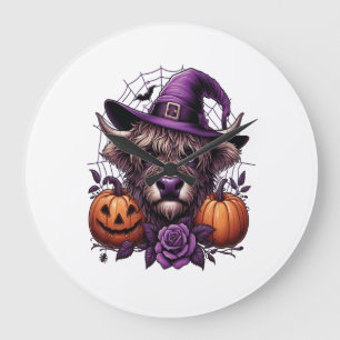 Witch Highland Halloween Cow Large Clock