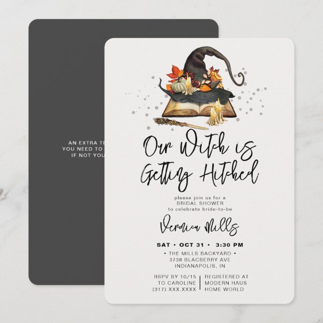 Witch Hitched Grey Halloween Bridal Shower Invitation (Front/Back)