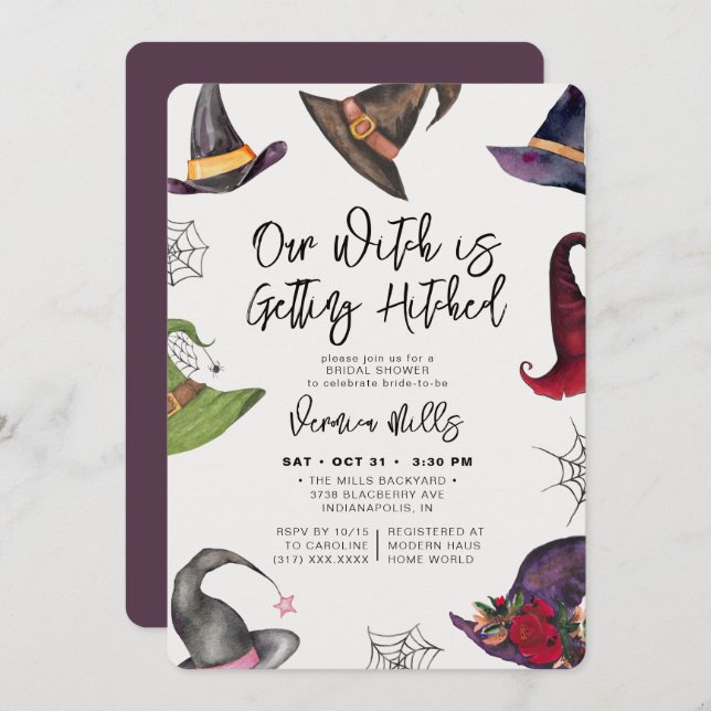 Witch Hitched Purple Halloween Bridal Shower Invitation (Front/Back)