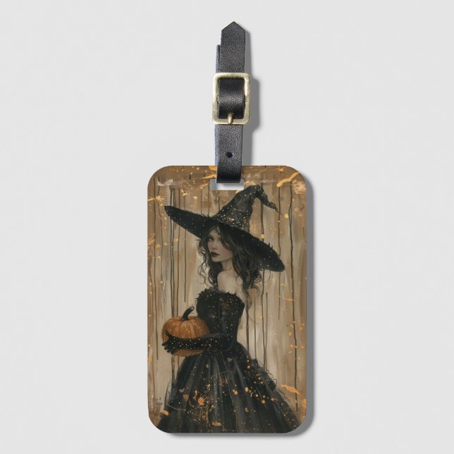 Witch Holding a Pumpkin Luggage Tag (Front Vertical)