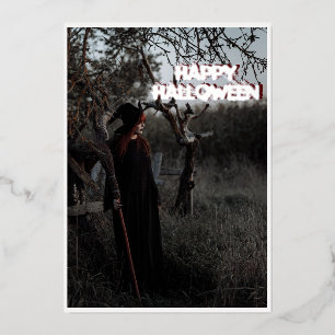 Witch Holding Broomstick Halloween Picture Silver Foil Holiday Card