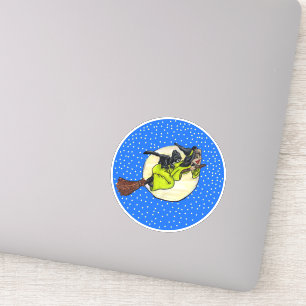 Witch Holding Hat Flying Past Moon on Broom Cat