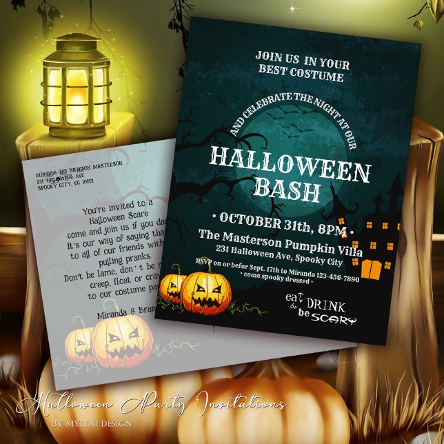 Witch House Pumpkins Full Moon Halloween Invite Postcard (Creator Uploaded)