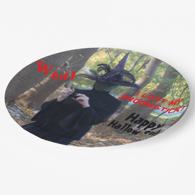Witch in a Panic in the Woods Fun Halloween Paper Plate (Angled)
