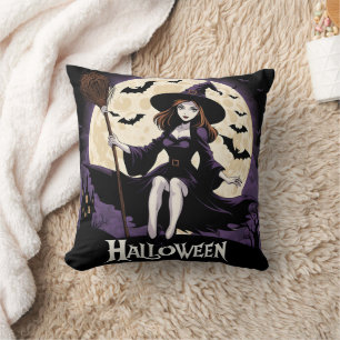 Witch in a spooky landscape under a full moon cushion