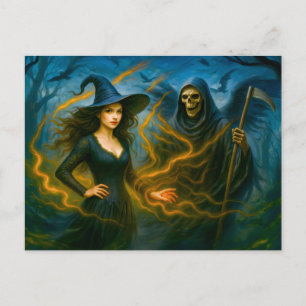 Witch in dark forest with the grim reaper holiday postcard