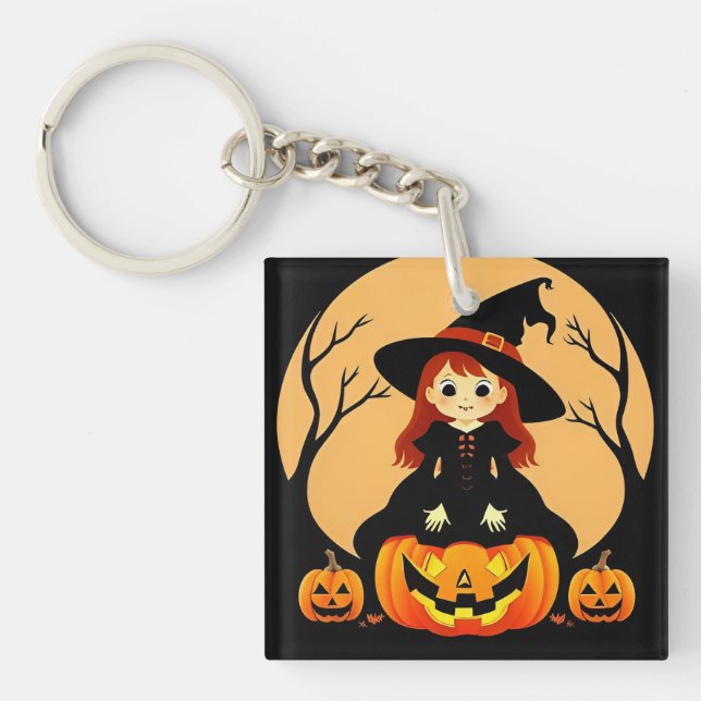 Witch in Halloween Setting with Pumpkins Key Ring (Front)