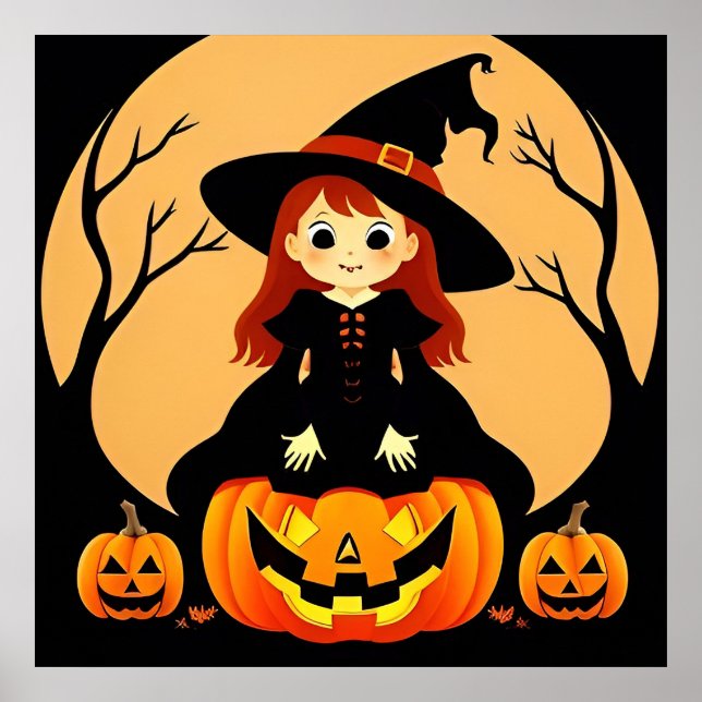 Witch in Halloween Setting with Pumpkins Poster (Front)