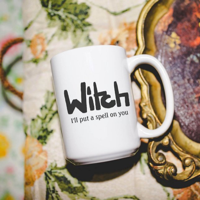 Witch in hand-lettered black ink saying coffee mug (Hand drawn black ink whimsical message mug.)