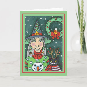 WITCH IN SNOWMAN SWEATER, BLACK CAT XMAS HALLOWEEN CARD