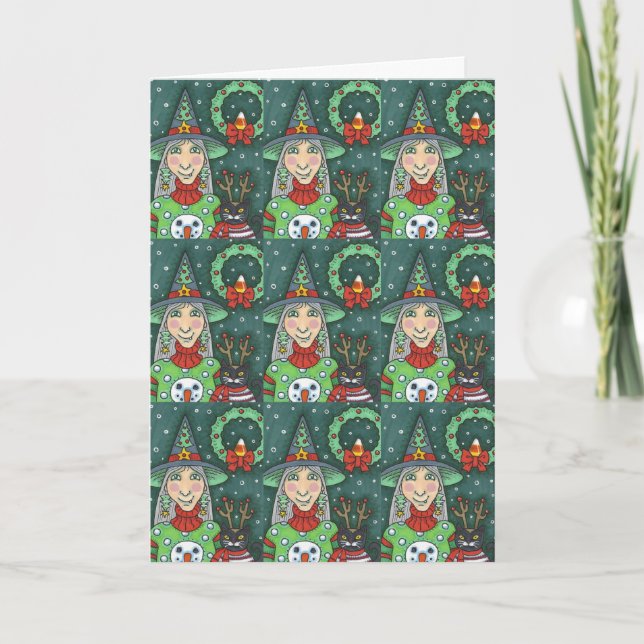 WITCH IN SNOWMAN SWEATER, BLACK CAT XMAS HALLOWEEN CARD (Front)