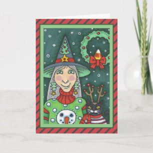 WITCH IN SNOWMAN SWEATER, BLACK CAT XMAS HALLOWEEN CARD