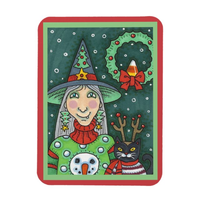 WITCH IN SNOWMAN SWEATER, BLACK CAT XMAS HALLOWEEN MAGNET (Vertical)