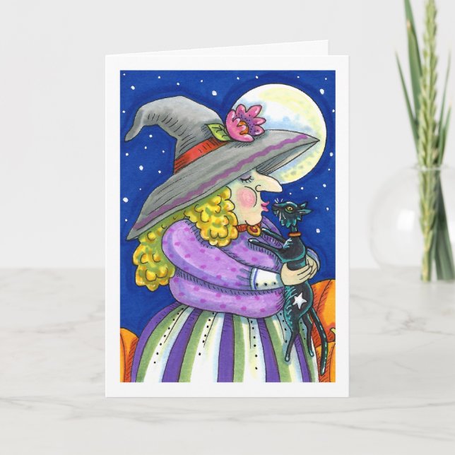 WITCH IS SMITTEN WITH KITTEN, BLACK CAT KISS Verse Holiday Card (Front)