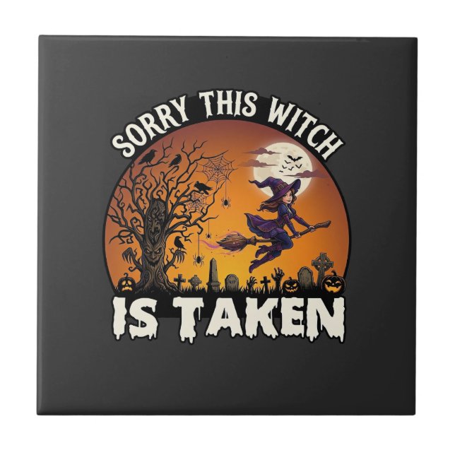 Witch Is Taken Broom Tree Graveyard Halloween_1 Ceramic Tile (Front)