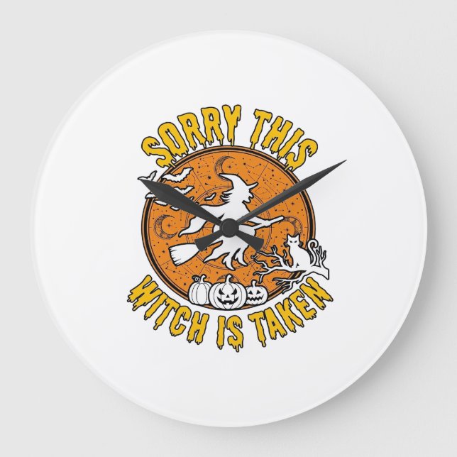 Witch Is Taken Halloween Pumpkins Cat_1 Large Clock (Front)
