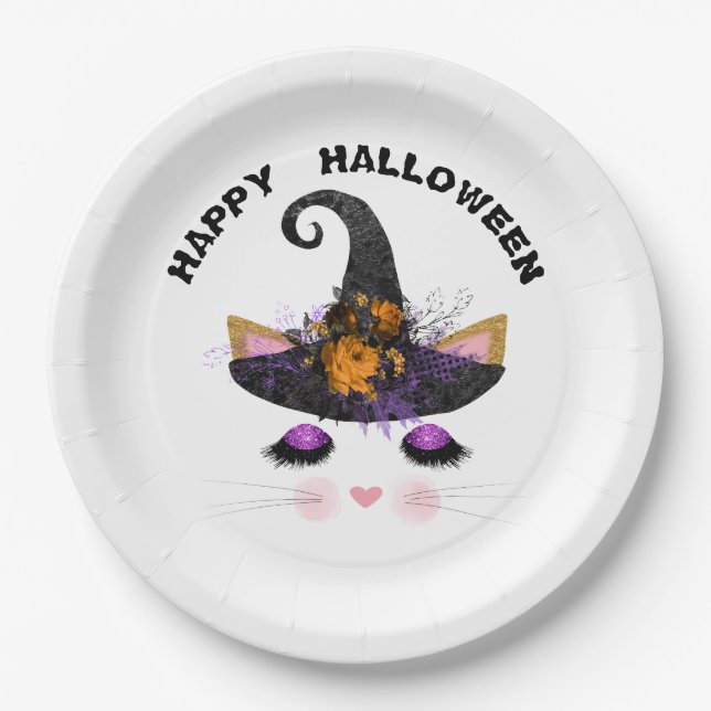 Witch Kitty Face Halloween Paper Plate (Front)