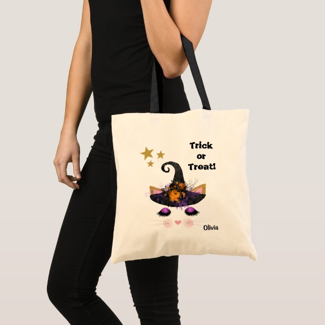 Witch Kitty Face Halloween Trick or Treat Tote Bag (Front (Product))