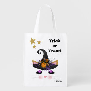 Witch Kitty Faces Halloween Trick or Treat Reusable Grocery Bag