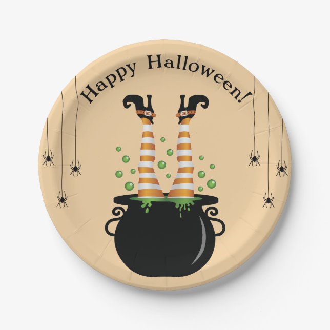 Witch Legs Sticking Out Of A Cauldron Halloween Paper Plate (Front)