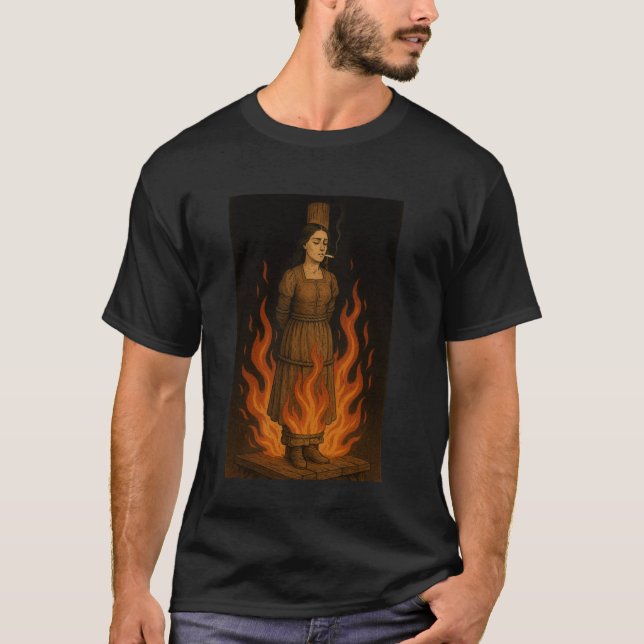 Witch Lighting Cigarette With Flames Occult Unholy T-Shirt (Front)