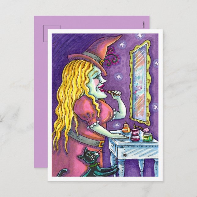 WITCH LIPSTICK, PERFUME & NAIL POLISH, FUNNY CUTE HOLIDAY POSTCARD (Front/Back)