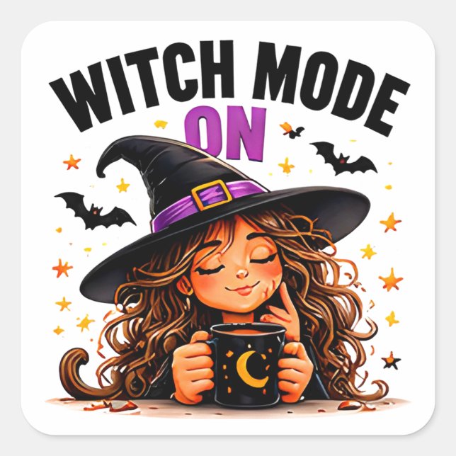 Witch Mode On Cute Coffee Lover Halloween Magic Square Sticker (Front)