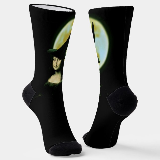 Witch Mona Lisa Halloween Full Moon Socks (Angled)