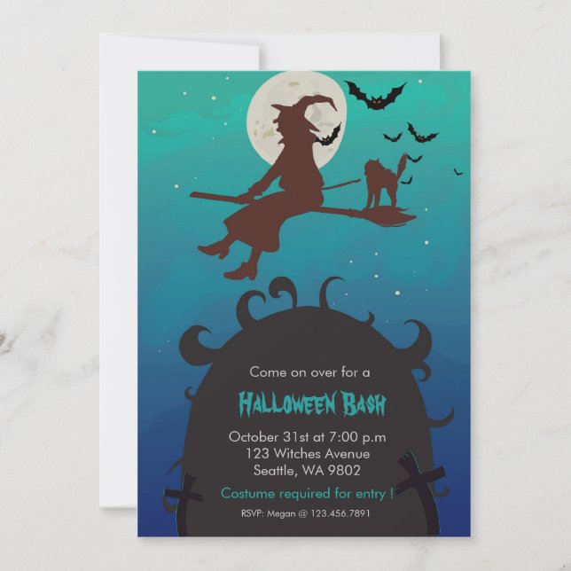 Witch n cat on a broom - halloween party invite (Front)