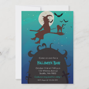 Witch n cat on a broom - halloween party invite