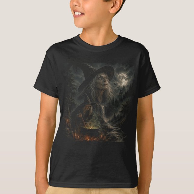 Witch Night Cauldron | Haunted Moon, Bats, Forest  T-Shirt (Front)
