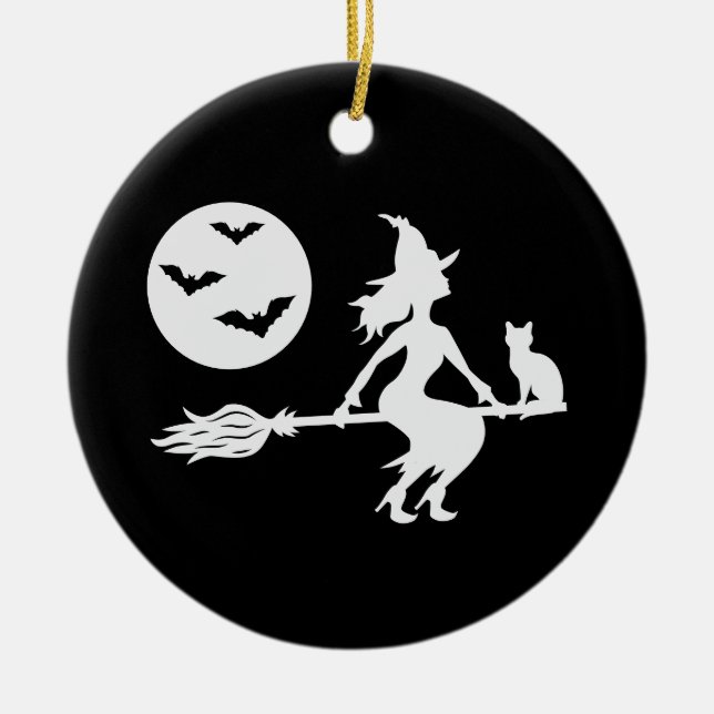 Witch On A Broom Black And White Happy Halloween Ceramic Ornament (Front)