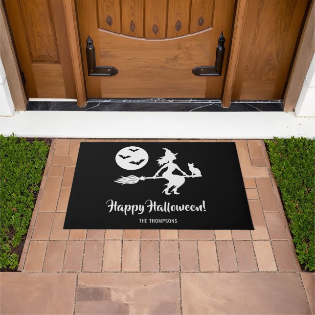 Witch On A Broom Black And White Happy Halloween Doormat (Outdoor)