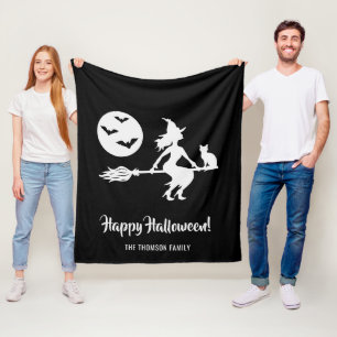 Witch On A Broom Black And White Happy Halloween Fleece Blanket