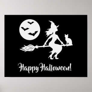 Witch On A Broom Black And White Happy Halloween Poster