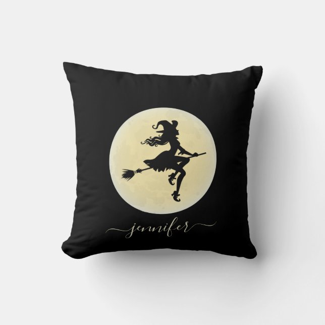 Witch on a broom personalised cushion (Front)