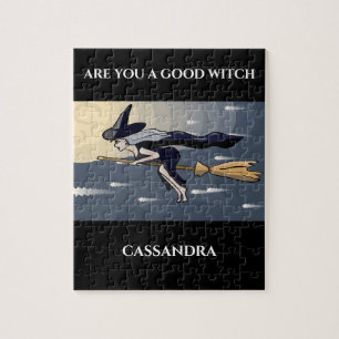 Witch on a broom puzzle.  Custom name. Jigsaw Puzzle