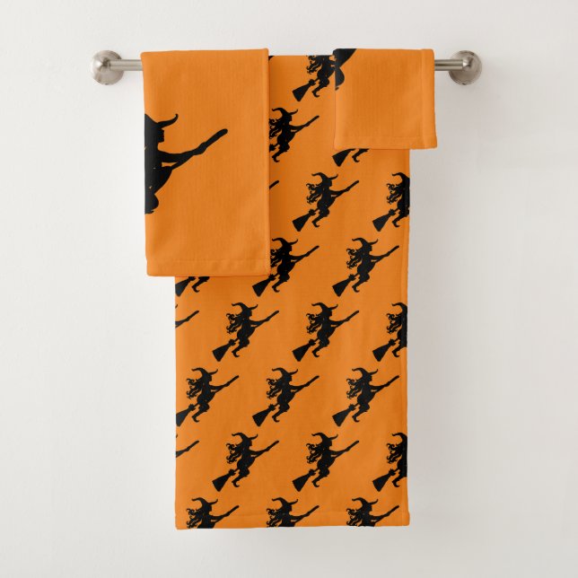 Witch on a Broom Silhouette Bath Towel Set (Insitu)