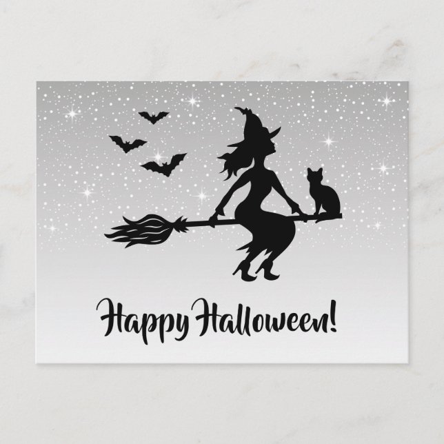 Witch On A Broom Silver Grey And Black Halloween Postcard (Front)