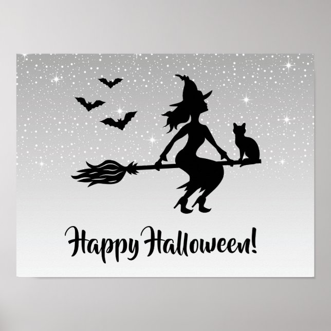 Witch On A Broom Silver Grey And Black Halloween Poster (Front)