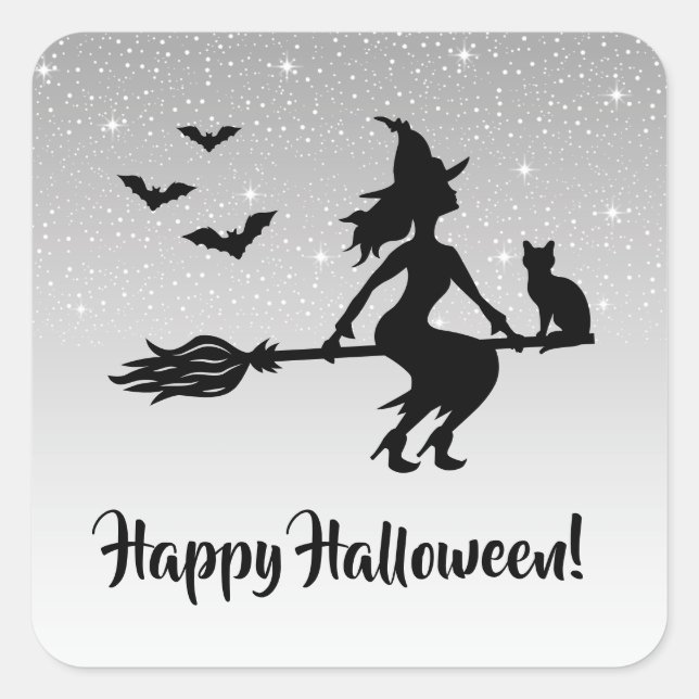 Witch On A Broom Silver Grey And Black Halloween Square Sticker (Front)