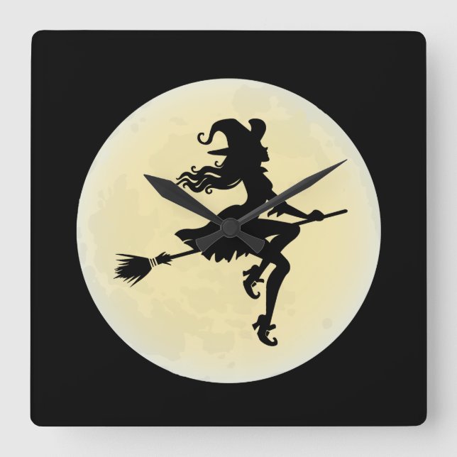 Witch on a broom square wall clock (Front)