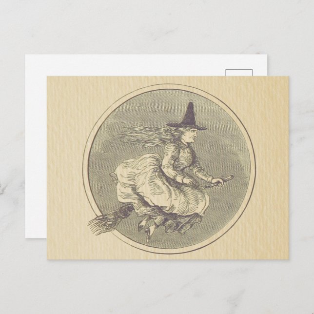 Witch on a Broom Vintage Postcard (Front/Back)