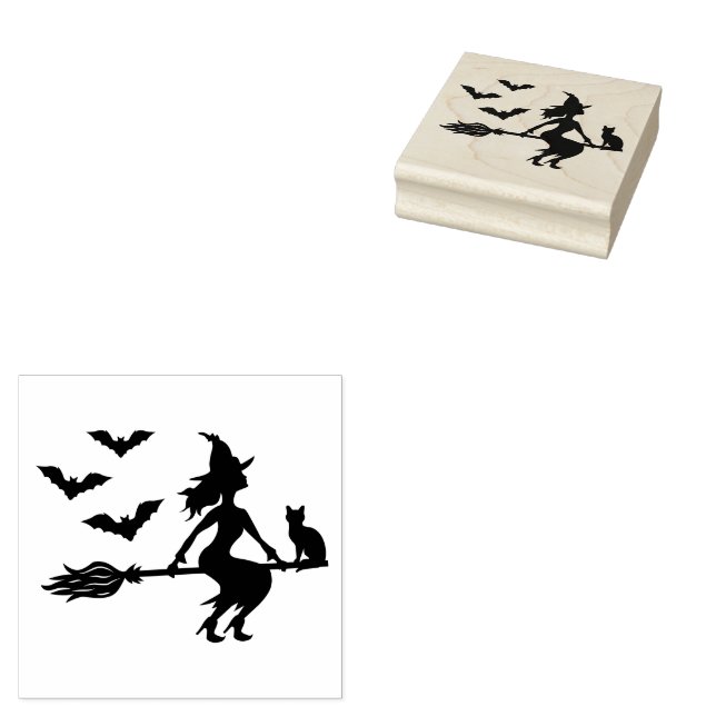 Witch On A Broom With A Cat And Three Bats Rubber Stamp (Stamped)