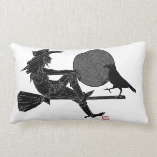 Witch on a broom with a crow under a full moon lumbar cushion